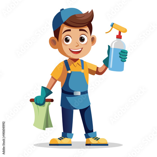 Child cleaning with spray bottle and cloth