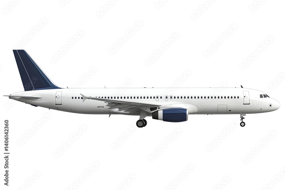 Fototapeta premium A sleek airplane side view, with a pristine white fuselage and striking blue accents, ready for flight