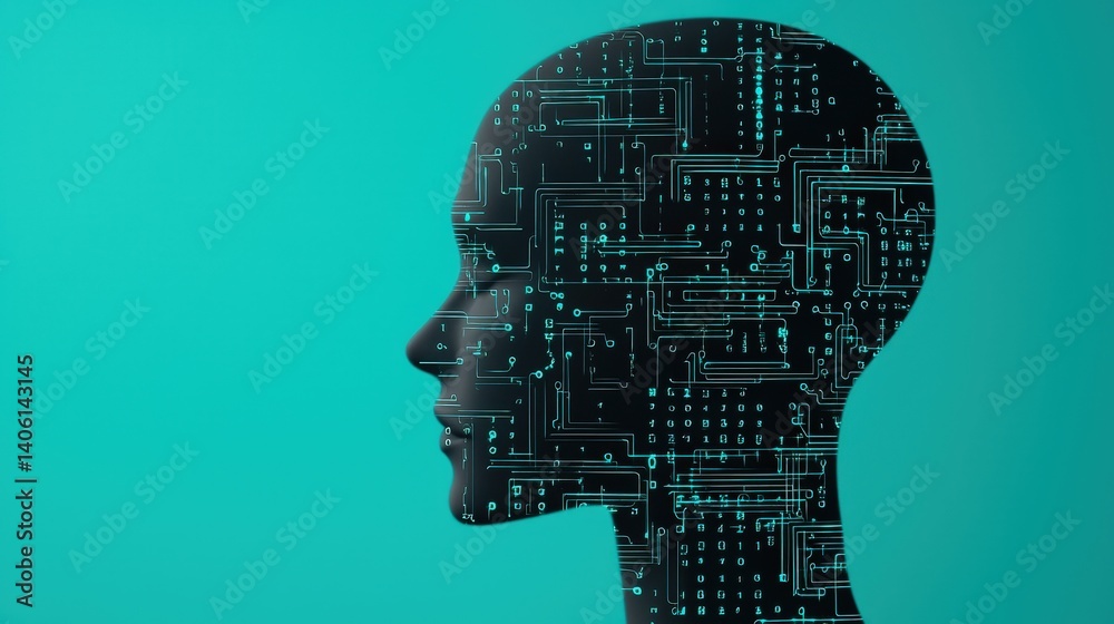 Digital human silhouette with circuit board patterns representing the intersection of technology and innovation in artificial intelligence and data processing Digital human silhouette with circuit board patterns representing the intersection of technology and innovation in artificial intelligence and data processing