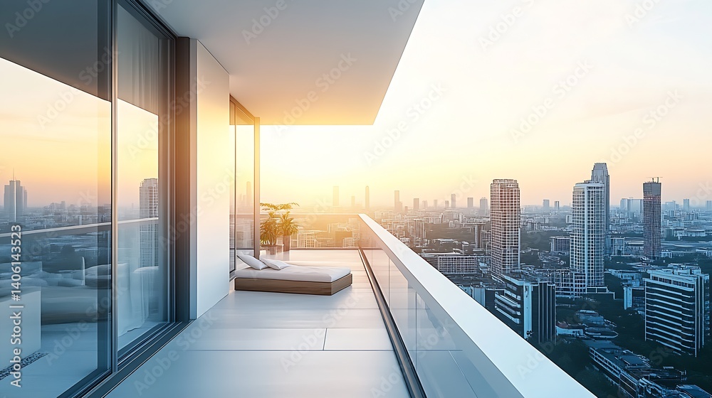 custom made wallpaper toronto digitalModern balcony with panoramic city skyline view during sunset showcasing serene design elements and greenery : Generative AI