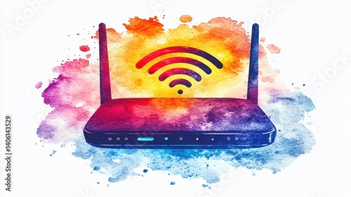 Colorful Watercolor Illustration of a Wireless Router with WiFi Symbol