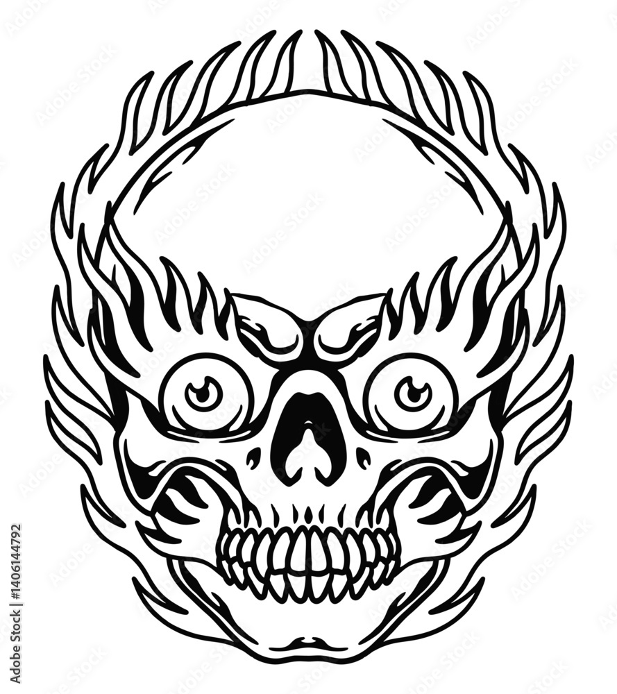 Obraz premium Flaming Skull Illustration: An ominous yet captivating illustration of a skull engulfed in flames, reminiscent of mythical creatures and the raw power of the underworld.