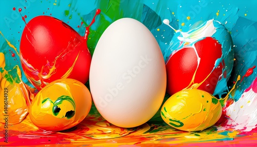 Bright and dynamic composition of Easter eggs surrounded by coloured splashes of paint. 