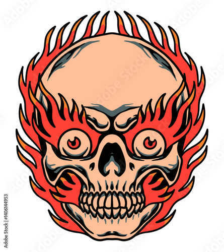 Burning Skull Design: A striking, stylized illustration of a skull enveloped in vibrant flames, embodying intensity and artistic expression.