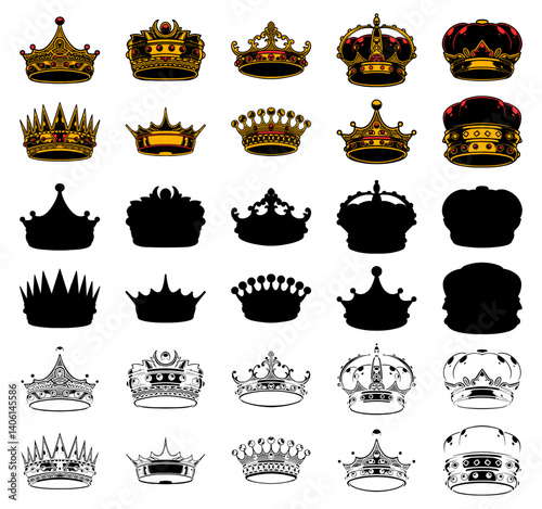 Royal Crowns: A diverse collection of regal crowns. Showcasing different designs, styles, and shapes of crowns, ranging from ornate gold and jewel-encrusted pieces to simpler silhouettes.