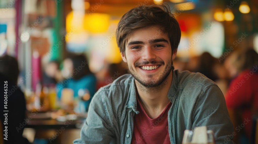 Portrait of a happy young man sitting in a vibrant restaurant, enjoying his meal and smiling warmly Portrait of a happy young man sitting in a vibrant restaurant, enjoying his meal and smiling warmly