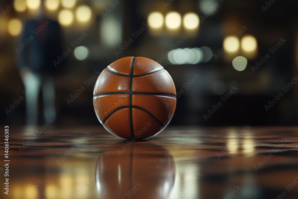 A single basketball rests on a polished wooden floor in a dimly lit bar setting. The background is blurred, creating a moody atmosphere. Perfect for sports and leisure themes. A single basketball rests on a polished wooden floor in a dimly lit bar setting. The background is blurred, creating a moody atmosphere. Perfect for sports and leisure themes.