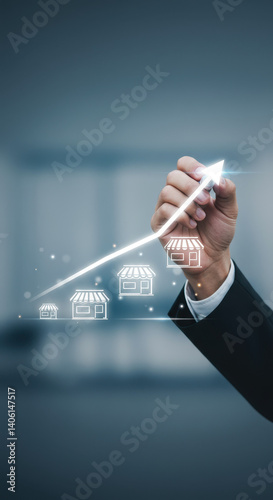  Franchise Growth Strategy: Hand Drawing Expansion Arrow. Business Success, Retail, Opportunity & Investment Ideas.