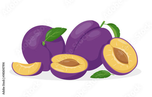 Fresh plum fruits, half and piece. Organic Plum fruit for juice, smoothie or vitamin healthy food and dessert. Vector icon illustration isolated on white background.