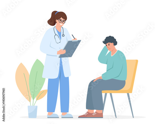 Female Doctor or nurse and sick patient. Hospital or clinic worker and client. Medical consultation, research, support or insurance concept. Vector illustration on white background.