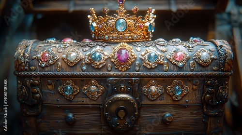Luxurious royal crown sits on decorated wooden chest ancient noble collection photo photo