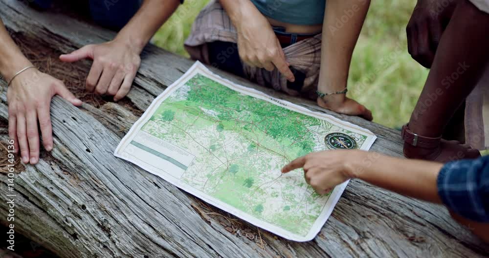 Hands, people or map in woods for hiking, travel planning or pointing in direction. Friends, trekking break or chart on tree for navigation, above or search for location to explore forest with guide Hands, people or map in woods for hiking, travel planning or pointing in direction. Friends, trekking break or chart on tree for navigation, above or search for location to explore forest with guide