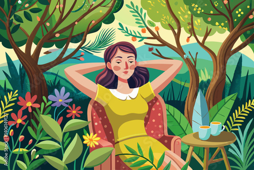 vector of A woman with her hands behind her head resting on a chair among the trees in the garden