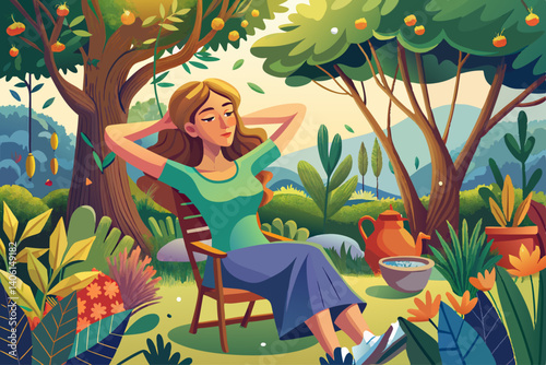 vector of A woman with her hands behind her head resting on a chair among the trees in the garden