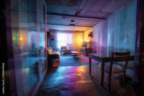 Glitched room with surreal composition and mixed lighting