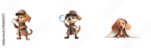 Cute detective dogs in adventure costumes with playful expressions