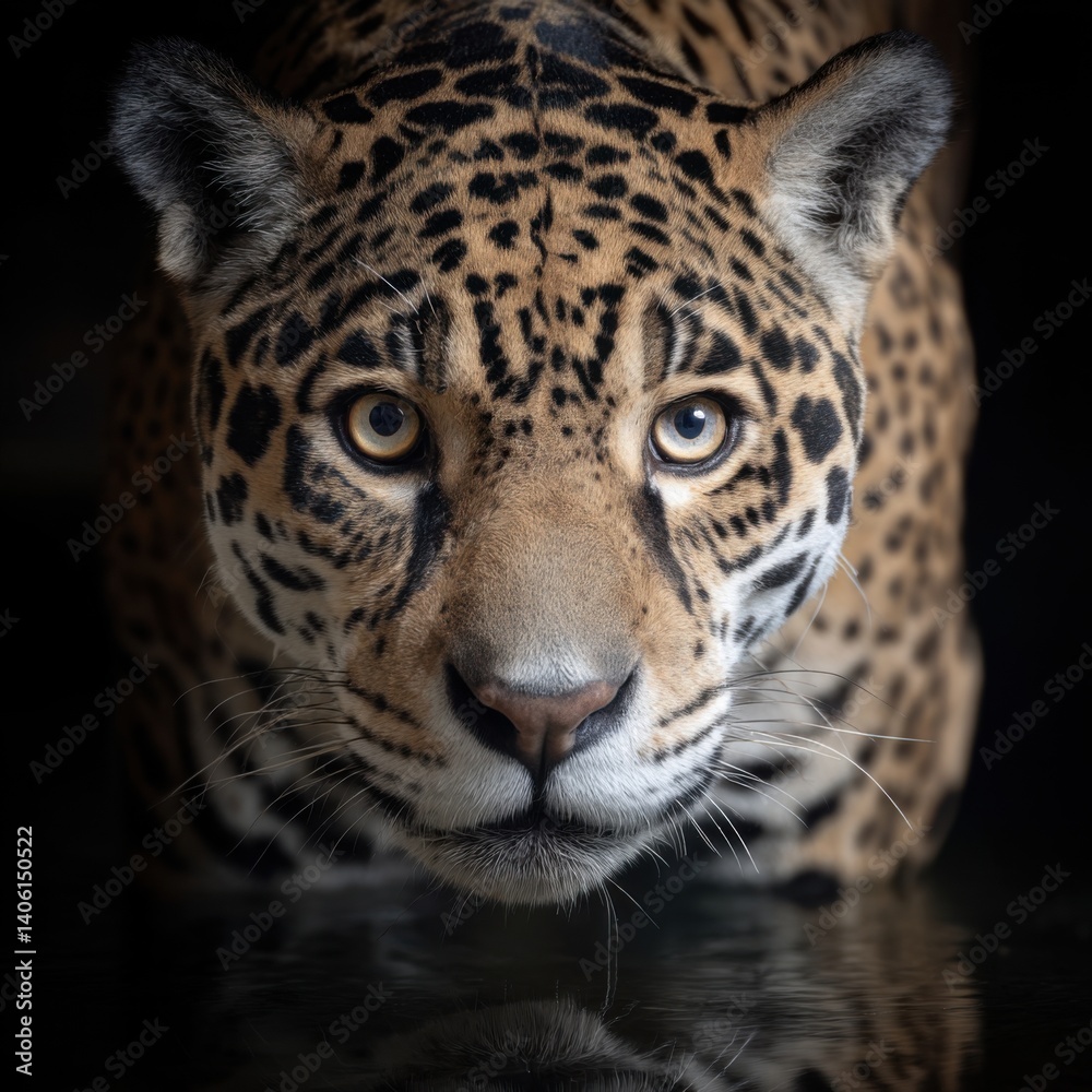 Fototapeta premium Jaguar symmetrical close-up with mirrored framing and copy space above