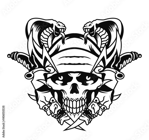 Skull Emblem: A captivating monochrome emblem, with intricate details, portraying a skull embraced by threatening cobras, crossed swords, and menacing masks.