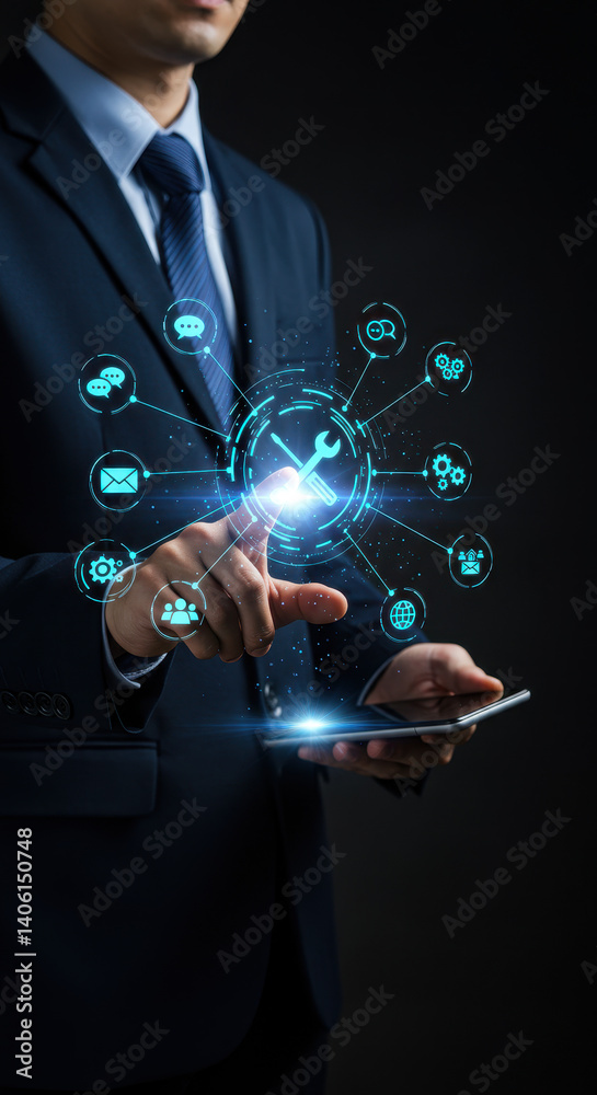 Business Solutions: Tech-Driven Support & Services. Man Tapping Digital Wrench Icon on Tablet for Innovation & Problem Solving. Business Solutions: Tech-Driven Support & Services. Man Tapping Digital Wrench Icon on Tablet for Innovation & Problem Solving.
