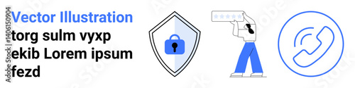 Shield with lock for secure data, man leaving a star rating, and phone call symbol. Ideal for cybersecurity, trust, communication, feedback, user review, protection flat landing page banner