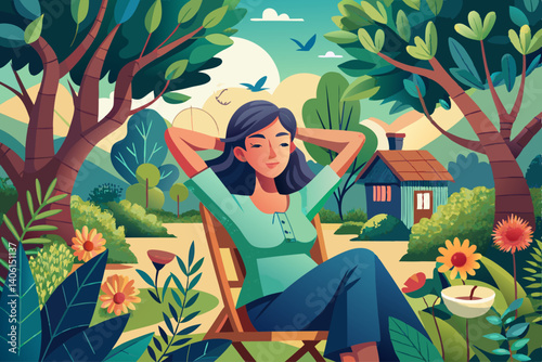 vector of A woman with her hands behind her head resting on a chair among the trees in the garden