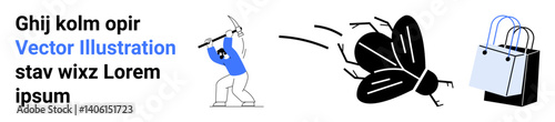 Person in blue shirt swings tool at a large flying insect near shopping bags. Ideal for pest control, ecology, shopping, frustration, action, protection, advertisements, flat landing page banner