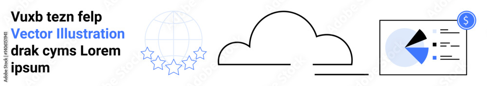 Naklejka premium Cloud icon, bar graph with pie chart, global network structure with stars. Ideal for cloud storage, analytics, finance, network, technology, business strategy simple landing page