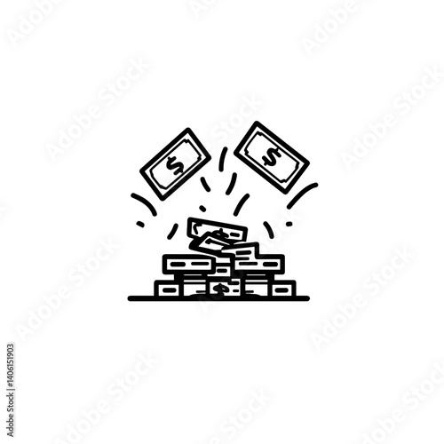 Simple black and white drawing of falling dollar bills onto stacks of money icon