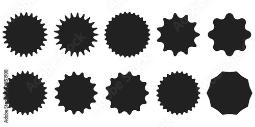 Collection of black starburst shapes price tags, sale stickers or promotional labels. Each badge varies in design, perfect for web, app, print mockups. Vector bold silhouettes for marketing use
