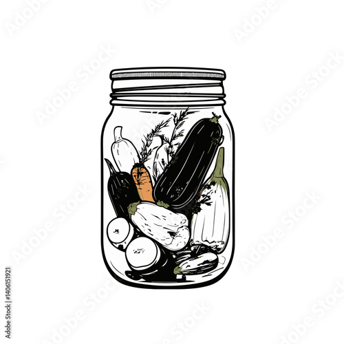 Line art jar of mixed vegetables in black and white icon
