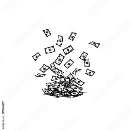 Detailed black and white sketch of falling euro banknotes