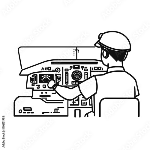 Pilot operating flight controls in black and white cockpit icon