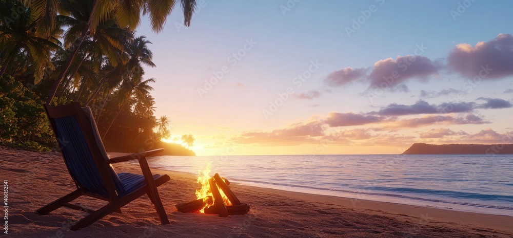 Fototapeta premium Beach chair and campfire at sunset tropical seascape holiday relaxation