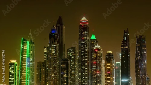 4k dubai night illumination world famous dubai city hotels panorama 4k timelapse uae