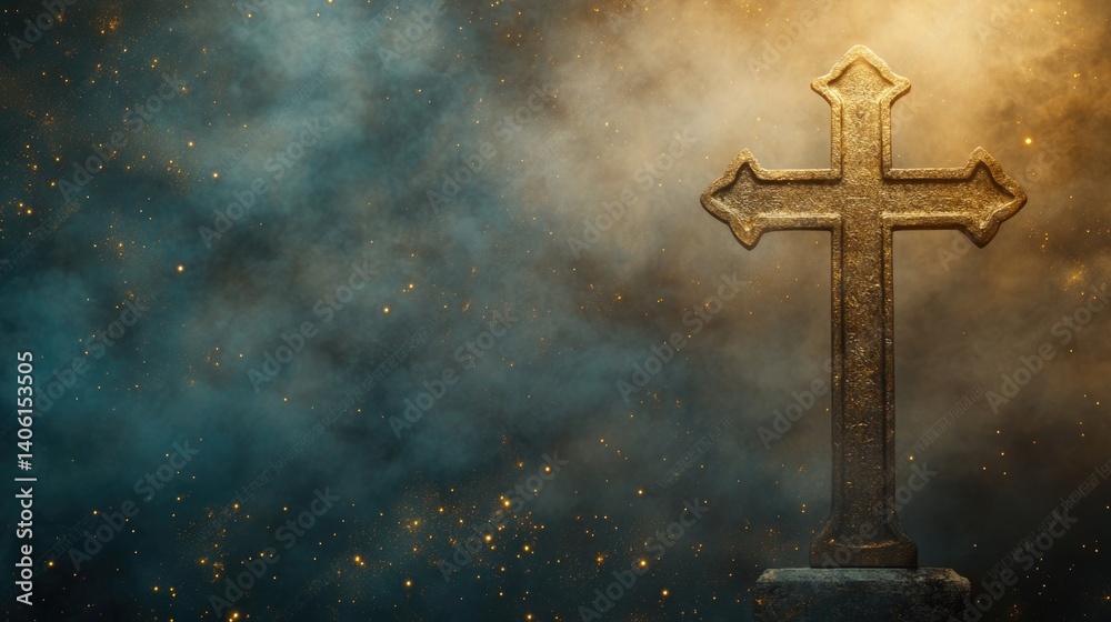 vintage christian easter background with Holy cross, the symbol of death and resurrection of Jesus Christon old gold blue concrete wall