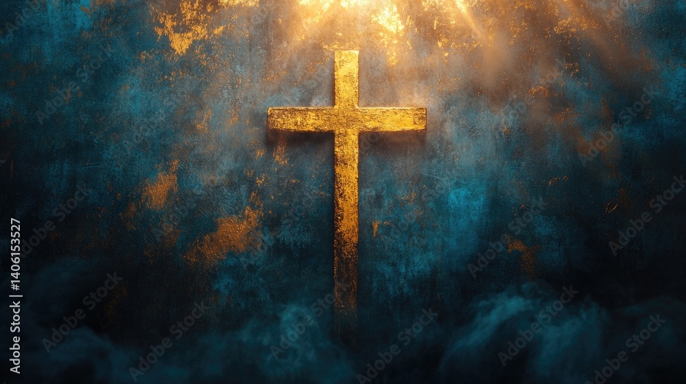 vintage christian easter background with Holy cross, the symbol of death and resurrection of Jesus Christon old gold blue concrete wall