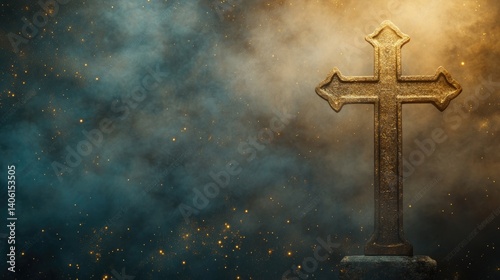 vintage christian easter background with Holy cross, the symbol of death and resurrection of Jesus Christon old gold blue concrete wall