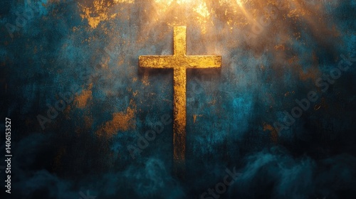 Obraz na płótnie vintage christian easter background with Holy cross, the symbol of death and resurrection of Jesus Christon old gold blue concrete wall w salonie