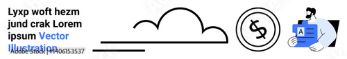 Abstract cloud, horizontal lines, circular financial icon, professional holding financial document. Ideal for finance, economics, technology concepts, data analysis, business operations digital