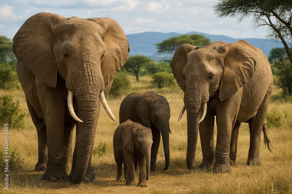 Fototapeta premium Elephant family enjoying african savanna landscape