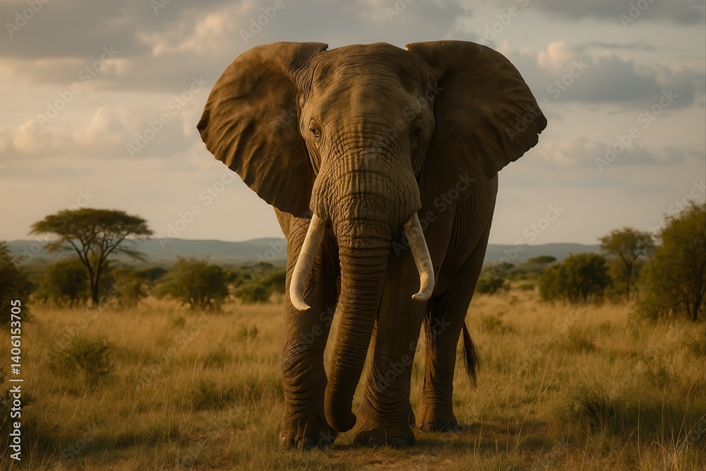 Obraz premium Majestic elephant walking in the african savanna at sunset