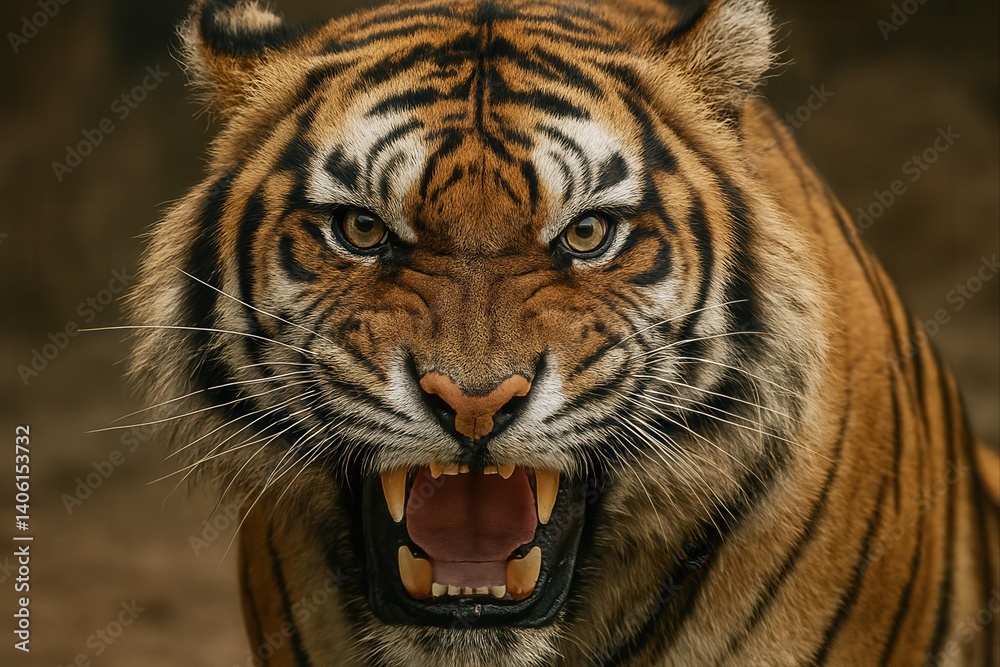 Fototapeta premium Angry Sumatran Tiger Roaring Showing Teeth and Fangs