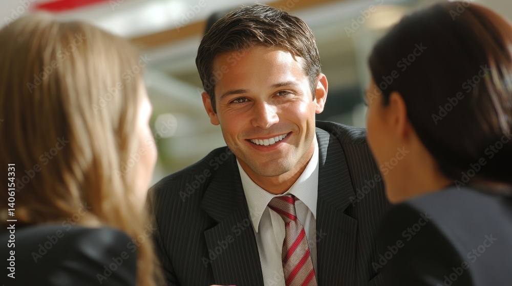 Smiling businessman discussing with two women, sharing ideas and opinions in a professional environment Smiling businessman discussing with two women, sharing ideas and opinions in a professional environment