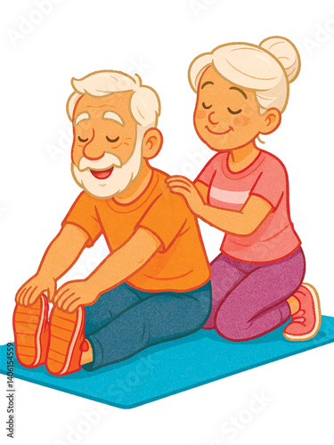 Cartoon-style vector colorful illustration of an smiling elderly couple doing a seated forward stretch on a yoga mat. Isolated design on white background.