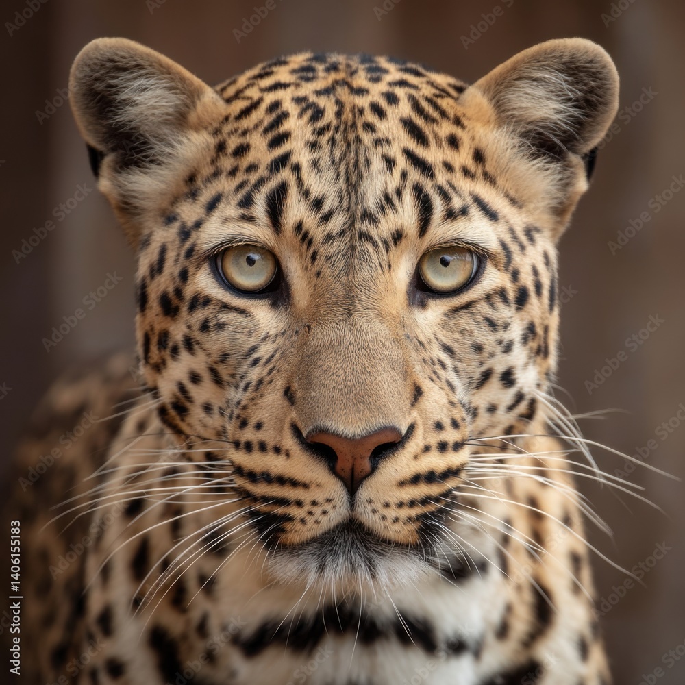 Obraz premium Leopard symmetrical close-up with soft lighting and centered framing