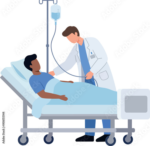 Doctor attending to a patient in a hospital room, minimal vector illustration