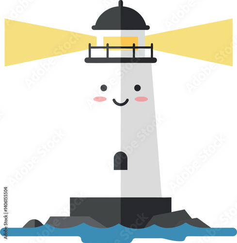 Cheerful lighthouse standing on rocky shore with bright beams in flat vector art