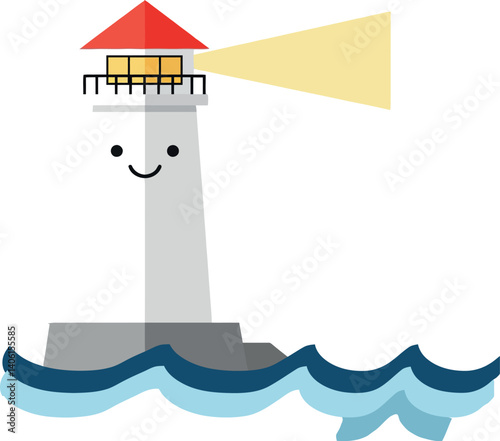 Cheerful lighthouse with a red roof and smiling face, flat vector art illuminating the ocean waves at dusk