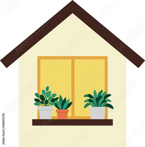 A charming house with vibrant plants on a windowsill in minimal vector art