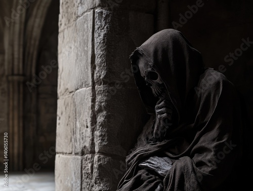 Lich in ruined cathedral with chiaroscuro lighting and space for text above